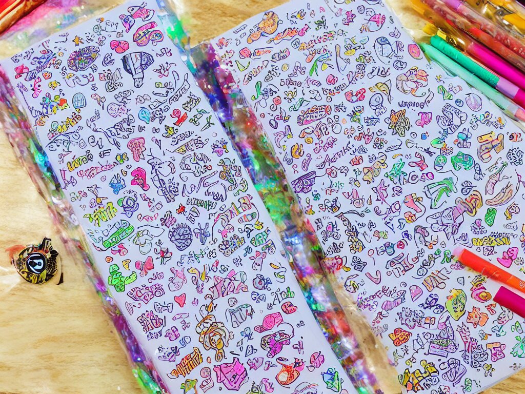 a school notebook covered in doodles, stickers, glitter, and holographic stickers