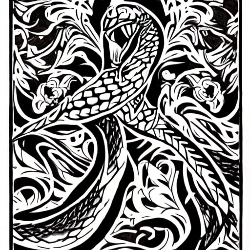 tattoo design, stencil, tattoo stencil, traditional, a cobra with its fangs out surrounded by flowers