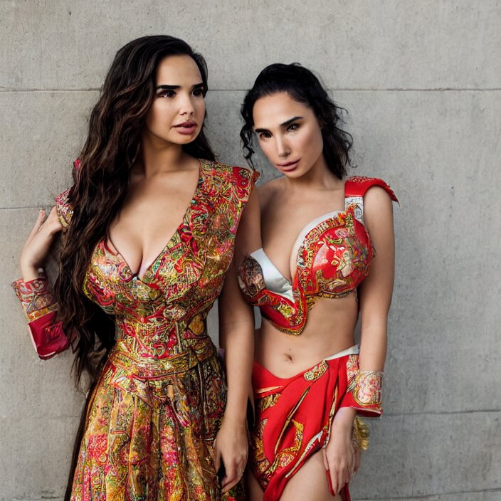 portrait of demi rose and gal gadot wearing southeast asian traditional dress, by charlotte grimm, natural light, detailed face, canon eos c 3 0 0, ƒ 1. 8, 3 5 mm, 8 k, medium - format print 