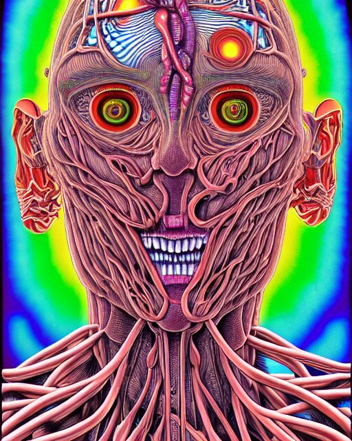 human body breaking away, conjuring psychedelic illustration, part by shintaro kago, part by alex gray, ultra realistic, highly detailed, 8 k, symmetry, fractals, grotesque, vibrant 