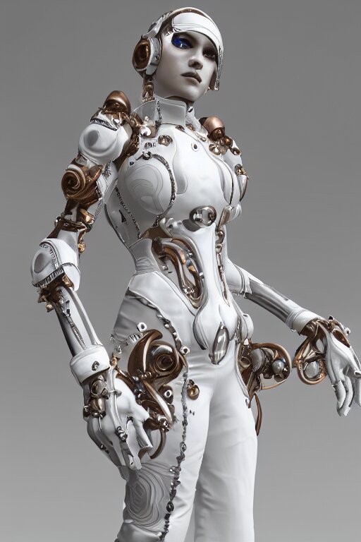 white cyborg fashion shot, copper spiral decorations, white elegant baroque design, smooth heads, headshot half figure, photorealistic, 8k, hyper detailed, unreal engine, trending on artstation,