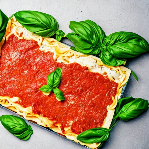 studio photography of a platypus cooking a lasagna with three basil leaves over the lasagna 