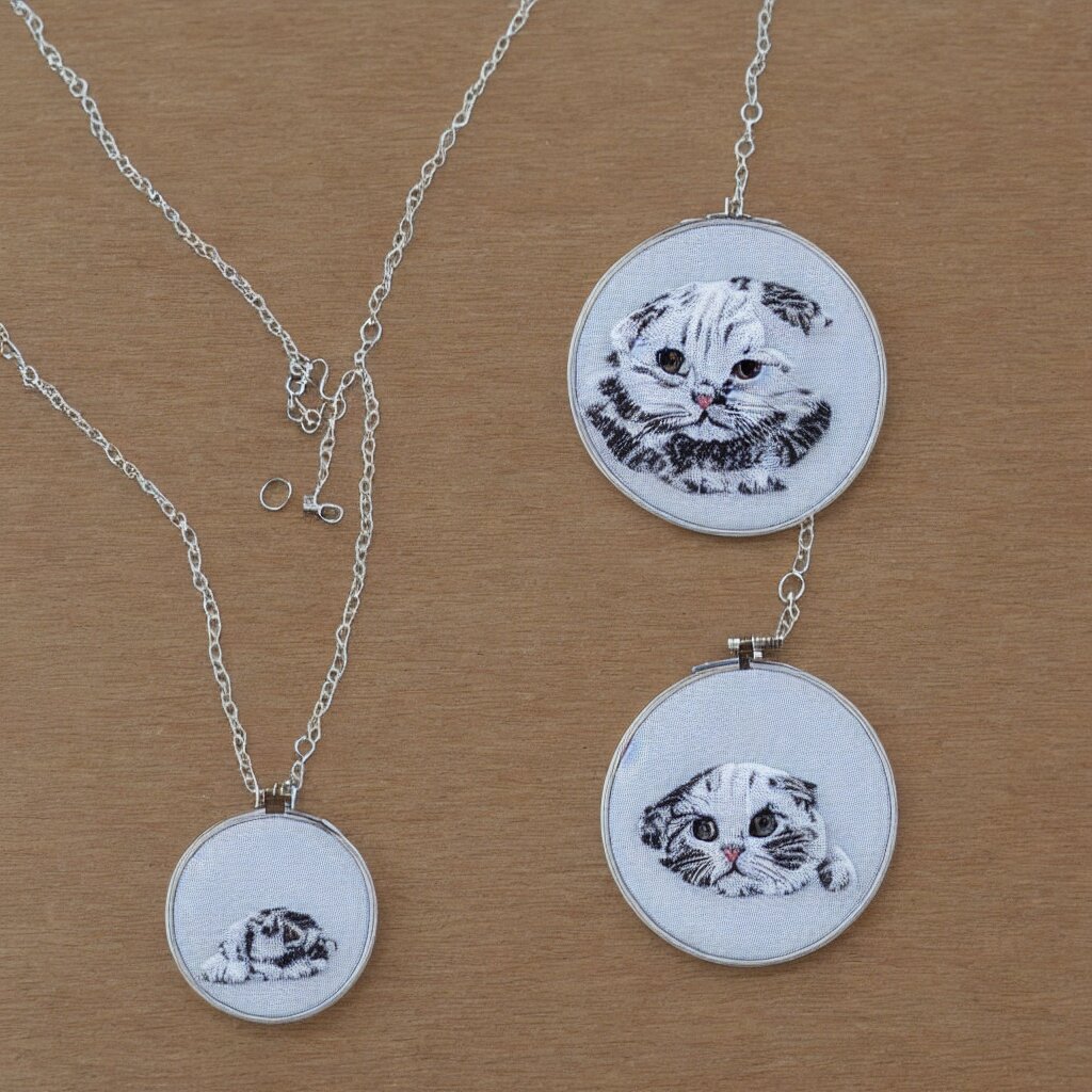 Scottish fold patterned silver embroidered necklace