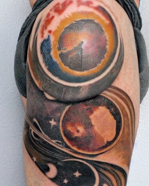 planets on the top of a broken renaissance head statue, realism tattoo design, in the style of matt jordan 