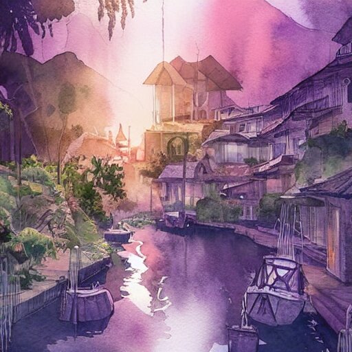 Beautiful happy picturesque charming sci-fi town in harmony with nature. Beautiful light. Water and plants. Nice colour scheme, soft warm colour. Beautiful detailed watercolor by Lurid. (2022)