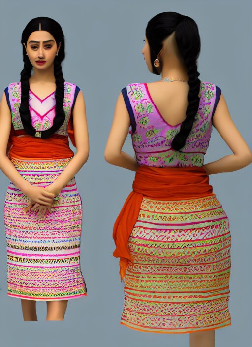 beautiful summer assamese mekehela bihu style floral dress, flirtatious, boho - chic, sleeveless, elegant, short skirt length, slimmer demeanor, plethora of colors ; mini dress ; highly detailed cute face by wlop ; 3 6 0 rotation reference ; octane render, unreal engine 5, trending on artstation, 8 k high resolution, global illumination ray tracing ; symmetrical, cinematic, high coherence, hdr fabric textures 