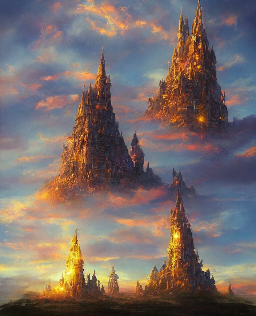 “ a landscape painting in the style of noriyoshi ohrai of a holy tower, it is a glowing fortress and has iridescent mana radiating from it into the aether. it is centered. the background is the sky at dawn. retrofuturistic fantasy ” 