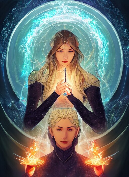 in the style of throne of glass book cover, female magician casting a spell with fireballs in her hands, blue and green magic lights aura, a portal with elvish symbology opened, d & d, fantasy, highly detailed, digital art, trending on artstation, smooth, sharp focus, illustration, art by artgerm and hirokazu yokohara, greg rutkowski, alfonse mucha 