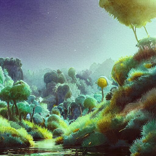 beautiful watercolor of a lush natural scene on a colourful alien planet by vincent bons. ultra sharp high quality digital render. detailed. beautiful landscape. weird vegetation. water. soft colour scheme. grainy. 