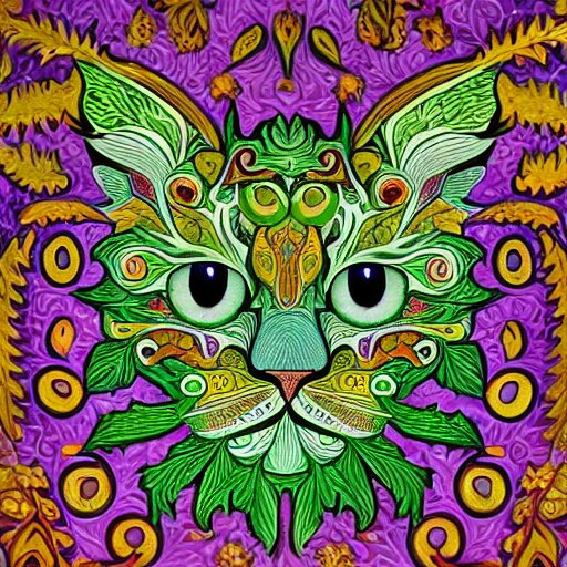 colourful ornate decorative green man as a cat face by louis wain and william morris, closeup, twisting leaves, abstract psychedelic, 8 k, artstation 