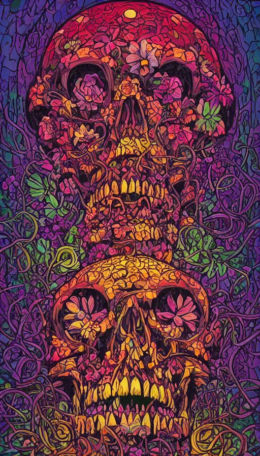 The luminous cavern of floral skulls, italian futurism, Dan Mumford, da vinci, Josan Gonzalez