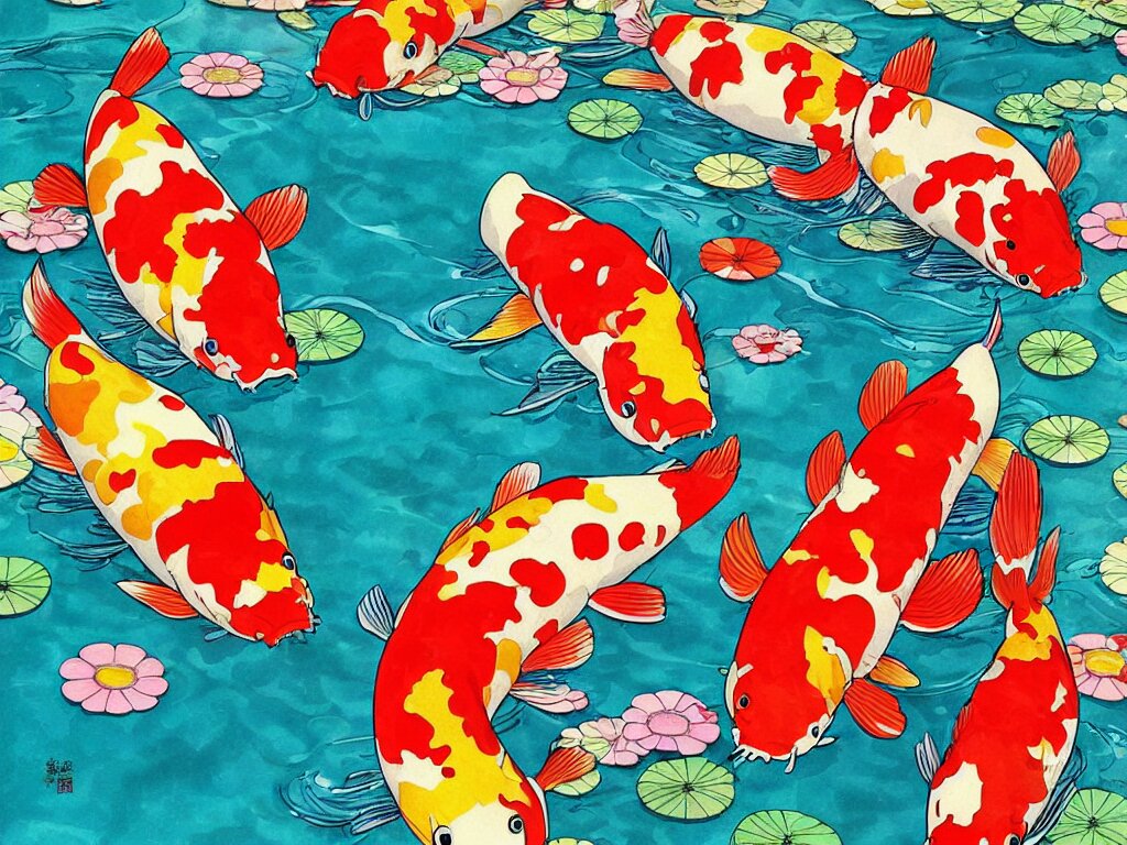 Lexica - Colorful koi carp in a waterly pond, illustration, concept art ...