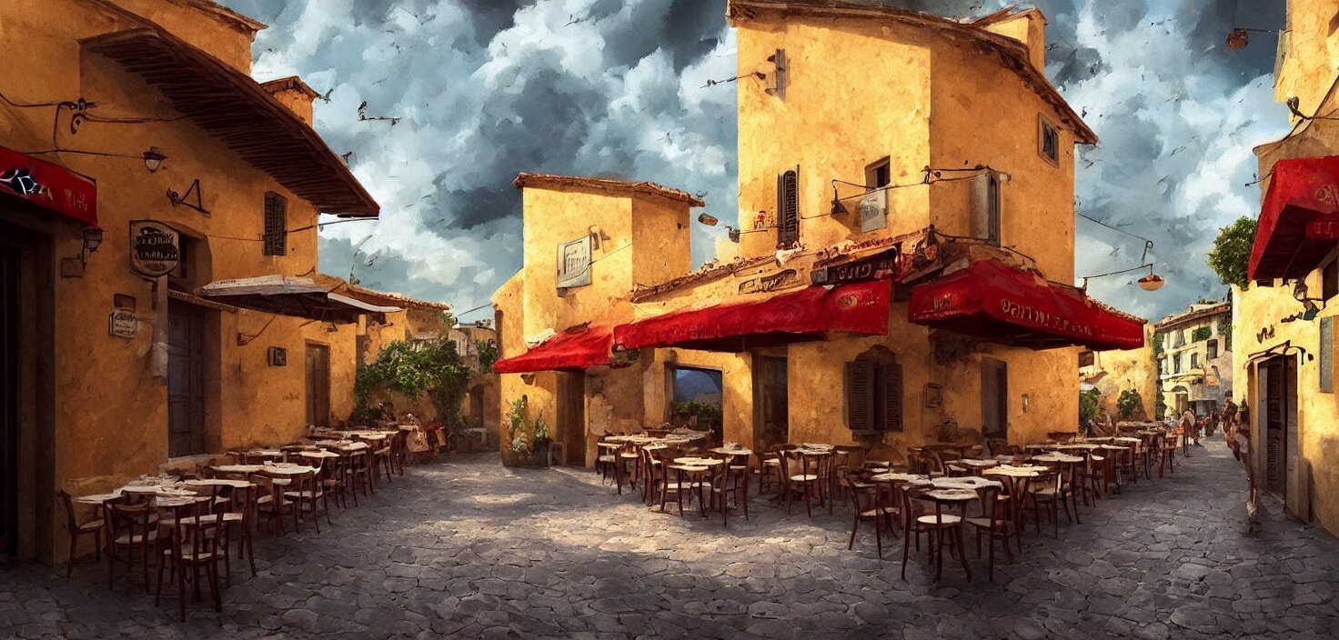 a traditional pizzeria in the street of a small village on the riviera. a terrace in the shade of a hundred - year - old olive, cinematic view, epic sky, detailed, concept art, low angle, high detail, warm lighting, volumetric, godrays, vivid, beautiful, trending on artstation, by jordan grimmer, huge scene, grass, art greg rutkowski 