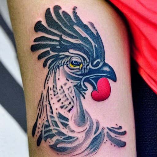 A small tattoo of a black rooster. The black chicken is holding smoking a large cannabis blunt in its mouth