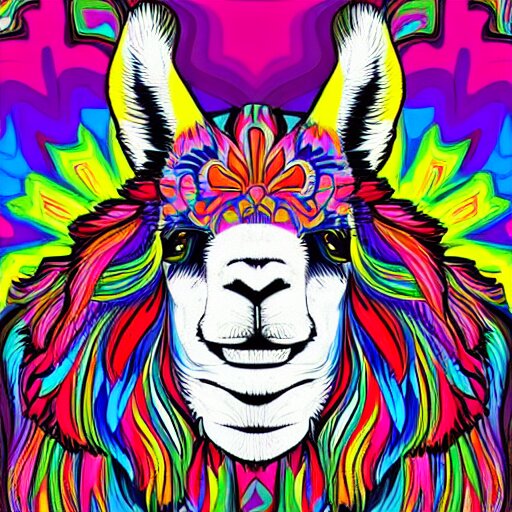 psychedelic, photorealistic, colorfully llama in a maximalist style on a background that fades to black 