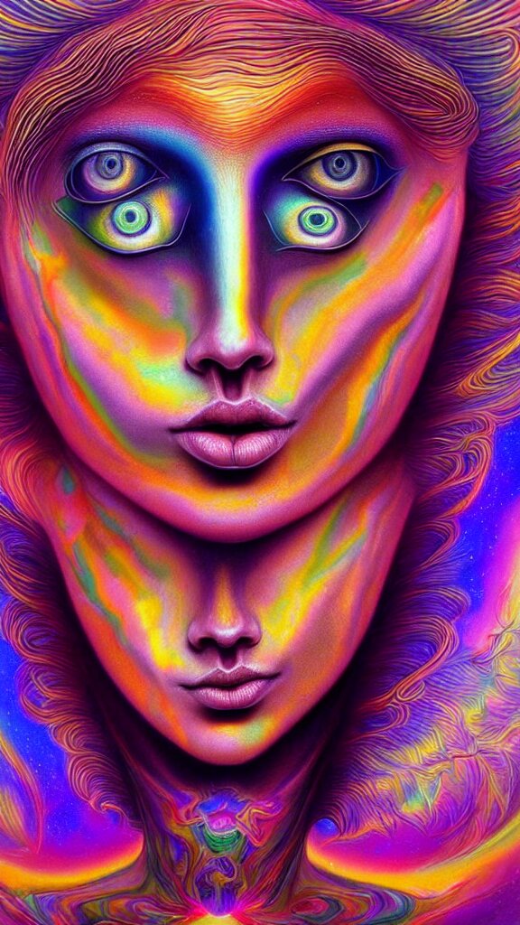 hyperrealistic abstract close-up female! portrait Renaissance psychedelic!! celestial happy! pure creature!! perfect!! face! peaceful! kind spirit of nature! beautiful fractal!! eyes! highly detailed concept art eric zener elson peter cinematic hard rainbow lighting high angle hd 8k sharp shallow depth of field endless, inspired by Zdzisław Beksiński Salvador Dali