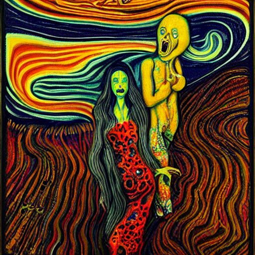 a hyper - detailed fine painting of the scream of paranoia and funny pain, cosmic horror psychedelic weird bizarre art 