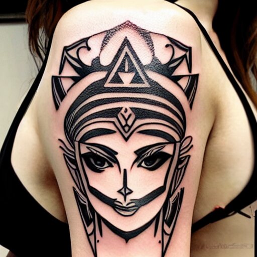 tattoo design, stencil, portrait of princess zelda in a bikini by artgerm, symmetrical face, beautiful, triforce 