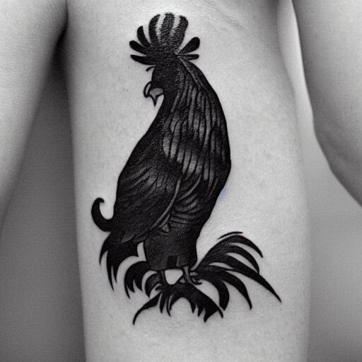 A small tattoo of a black rooster. The black chicken is holding smoking a large cannabis blunt in its mouth