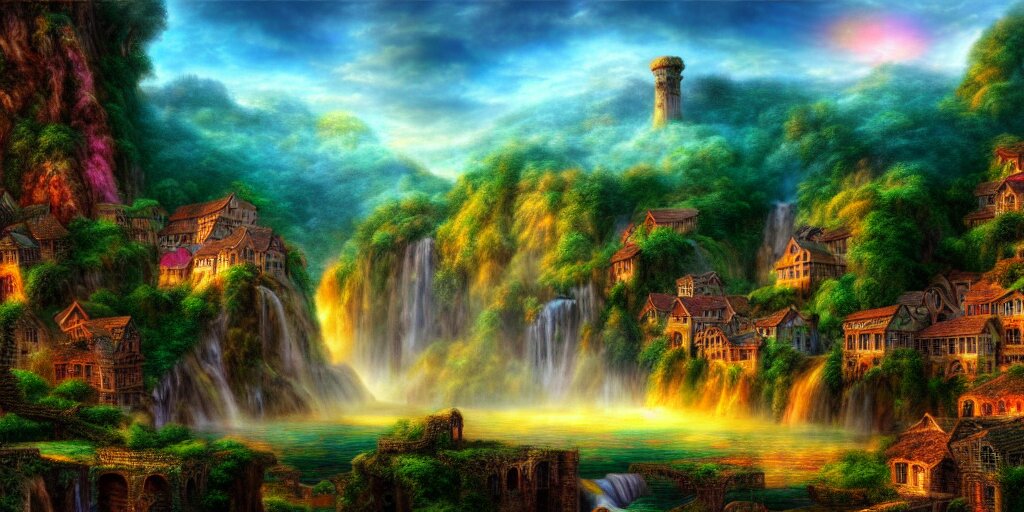 misty village in a waterfall valley at sunrise, ancient ruins, fantasy, precise and incredibly highly detailed intricate 8 k wallpaper, lisa frank dali hr giger, long shot, crisp vibrant colorful and intricate stunning award winning masterpiece trending on artstation beautiful 