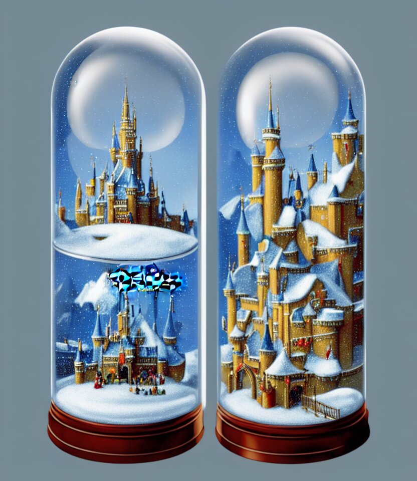 an achingly beautiful print of one cylindrical snow globe with disneyland inside by raphael, hopper, and rene magritte. detailed, proportional, romantic, vibrant, enchanting, trending on artstation 