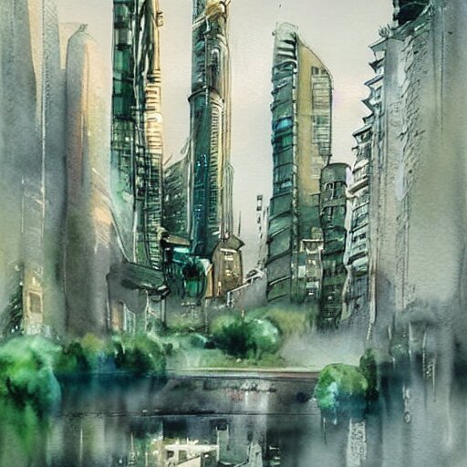 Beautiful picturesque charming futuristic city in harmony with nature. Nice colour scheme, soft warm colour. Beautiful detailed watercolor by Lurid. (2022)