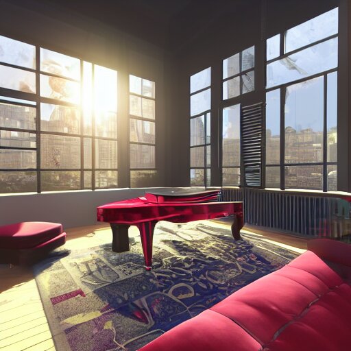 A screenshot of a Virtual Reality music studio, living room vibe, Paris loft style, red velvet furniture, light rays coming out of the windows, raytracing, highly detailed, futuristic, unreal engine 5, photoscanned, photorealistic, 