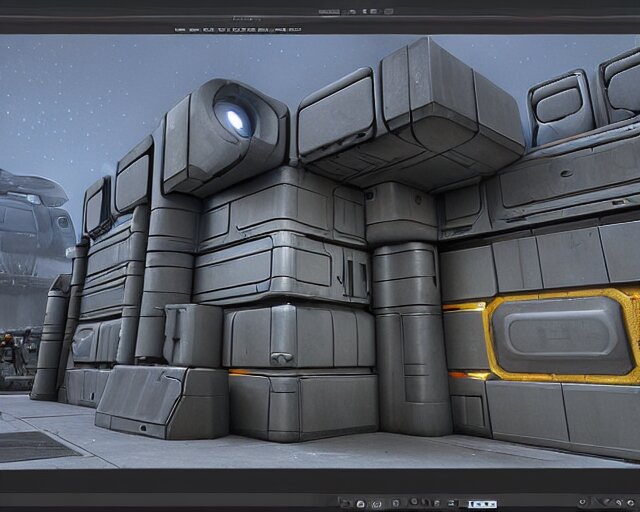 3 d sculpt of scifi rectangular industrial building facade covered with many spheres and torus shapes by maschinen krieger, starcraft, halo, star wars, ilm, star citizen halo, mass effect, starship troopers, elysium, the expanse, high tech industrial, artstation unreal 