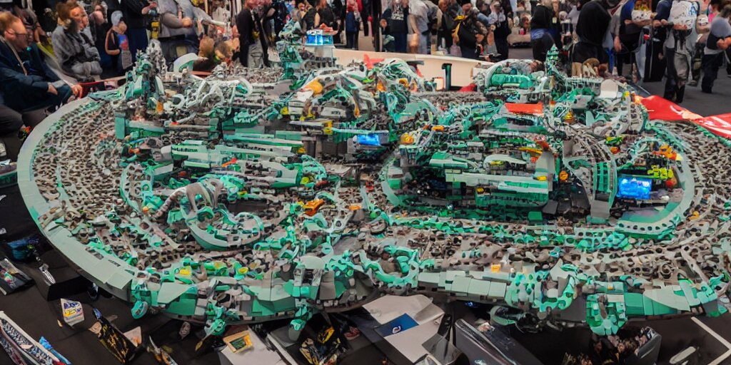 wide shot lens photo of a very intricately detailed and epically shaped 3. 5 meter long hovercraft the nebuchadnezzar from the matrix attacked by squid sentinels lego sculpture designed by a master builder as displayed at a lego convention, low angle shot. 