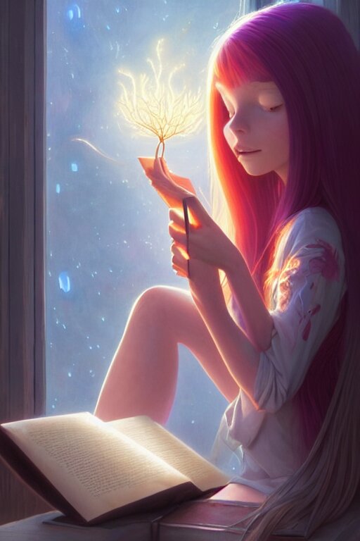 highly detailed portrait of beautiful girl reading a book, hair flowing down, in pixar inside out, dynamic pose, stephen bliss, unreal engine, fantasy art by greg rutkowski, loish, rhads, ferdinand knab, makoto shinkai and lois van baarle, ilya kuvshinov, rossdraws, tom bagshaw, global illumination, radiant light, detailed and intricate environment 