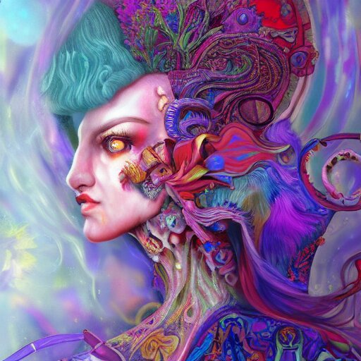 An extremely psychedelic portrait of Alice , in wonderland , surreal, LSD, face, detailed, intricate, elegant, lithe, highly detailed, digital painting, artstation, concept art, smooth, sharp focus, illustration