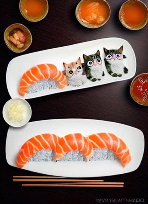 clear photorealistic picture of adorable cats made out of sushi 