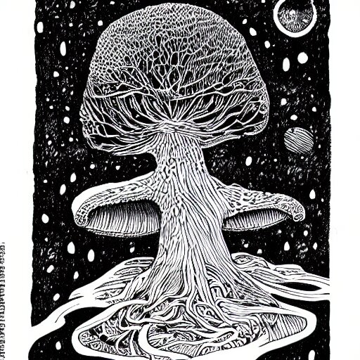 black and white ink doodle illustration of an ancient tree floating in outer space, overgrown with funghi, style by peter deligdisch, peterdraws 