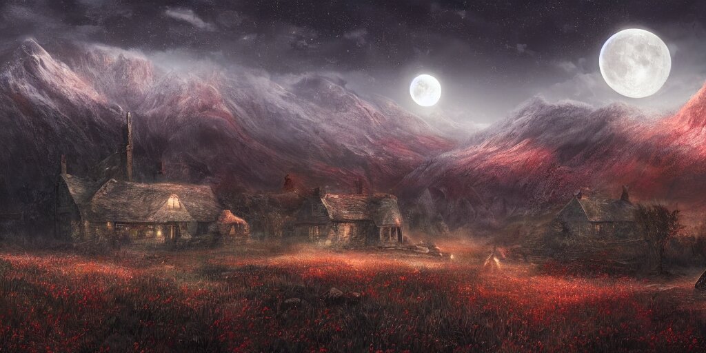 Blood soaked fields with large mountains in the distance, small cottage in the foreground, nighttime, moon in the night sky, landscape wallpaper, d&d art, fantasy, painted, 4k, high detail, sharp focus