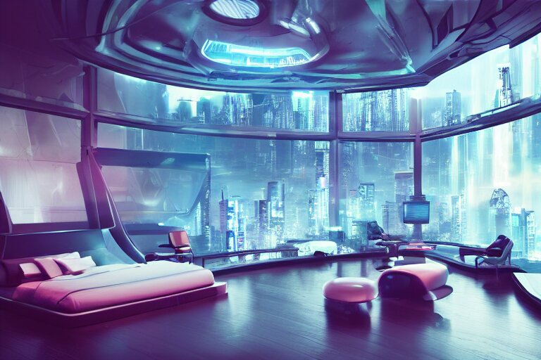 a futuristic bedroom with large curved ceiling high windows looking out to a far future cyberpunk cityscape, cyberpunk neon lights, raining, scifi