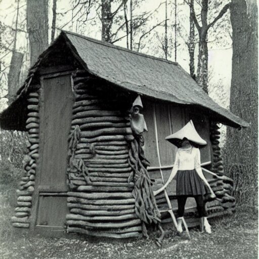 A vintage photo of a witches hut with a witch standing on the Porch, 70s, vintage, old