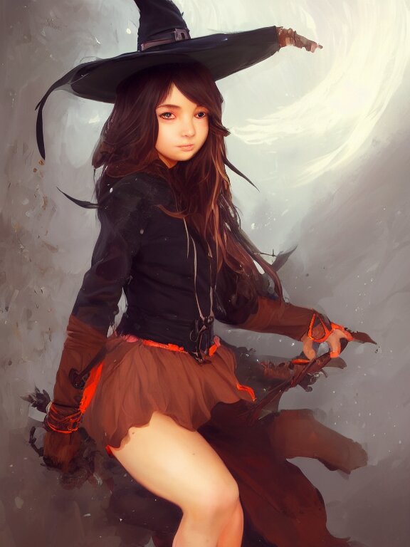 Full shot of a cute mischievous young witch about to get up to some trouble. Latin American fashion. Black and Orange palette. Latina girl. brown skin. By Ruan Jia and Artgerm and Range Murata and WLOP. Key Art. Fantasy Illustration. award winning, Artstation, intricate details, realistic, Hyperdetailed, 8k resolution.