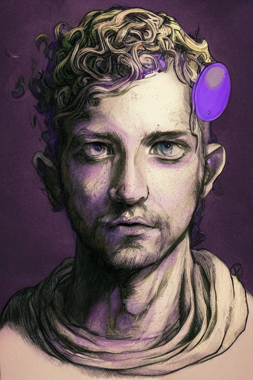 violet prince, painted by jason van hollander and melvyn grant, trending on artstation, rembrandt lighting fish eye pixar, magic realism, noodly, futuresynth, ink drawing 