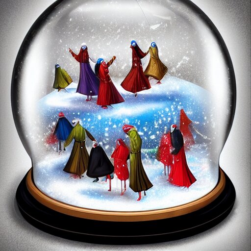 whirling dervishes inside a snow globe on a table, digital art, artstation, highly detailed 