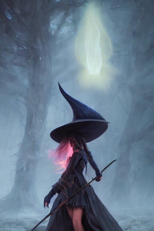 a beautiful dark magician girl with a large witches hat that covers her face by Greg Rutkowski, Sung Choi, Mitchell Mohrhauser, Maciej Kuciara, Johnson Ting, Maxim Verehin, Peter Konig, final fantasy , mythical, 8k photorealistic, cinematic lighting, HD, high details, atmospheric,