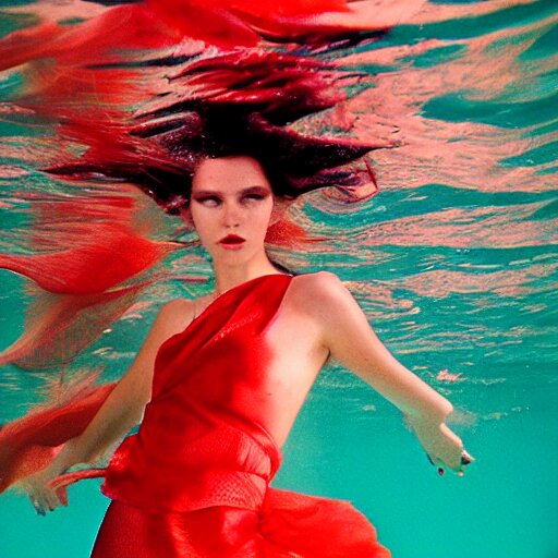 beautiful portrait of fashion model in red silk underwater, 35mm film