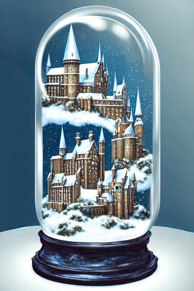 an achingly beautiful print of one snow globe with hogwarts inside by raphael, hopper, and rene magritte. detailed, proportional, romantic, vibrant, enchanting, trending on artstation 