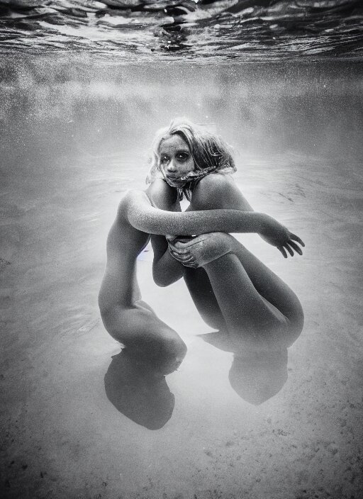 a photo of a a vast underwater with a woman in the center curled and hugging her knees. Cinematic post-processing. Award winning portrait photography. Sharp eyes.