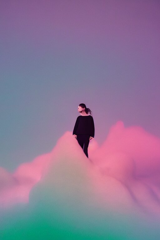 high quality pastel coloured film close up wide angle photograph of a model wearing clothing resting on cloud furniture in a icelandic black rock!! environment in a partially haze filled dreamstate world. three point light, rainbow. photographic production. art directed. pastel colours. volumetric clouds. pastel gradient overlay. waves glitch artefacts. extreme facial clarity. 8 k. filmic. 