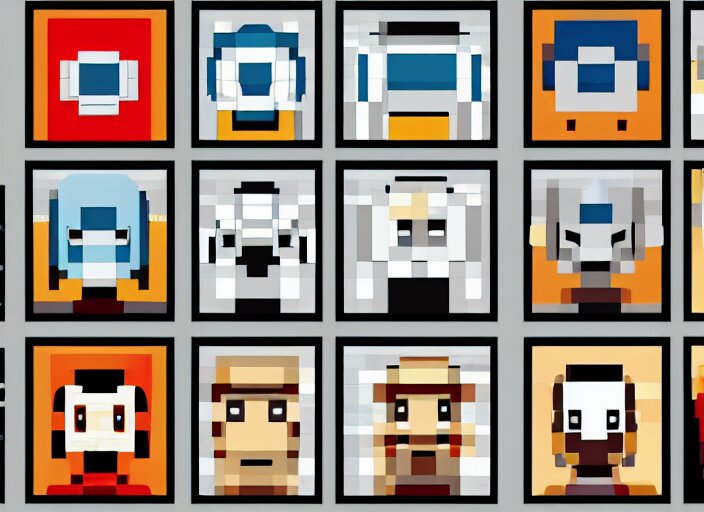 a 3 - by - 3 grid of 9 framed closeup face portraits of cute evil robots, in the style of mega man. 