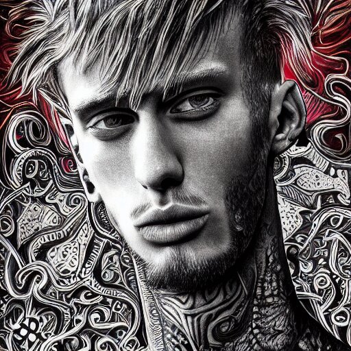 an extremely psychedelic portrait of mgk, surreal, lsd, face, detailed, intricate, elegant, lithe, highly detailed, digital oth, sharp focus, illustration, 