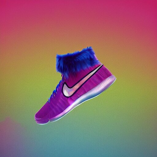 poster nike shoe made of very fluffy colorful faux fur placed on reflective surface, professional advertising, overhead lighting, heavy detail, realistic by nate vanhook, mark miner 