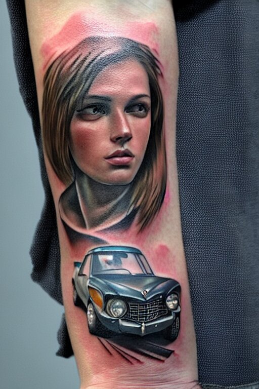 tattoo of lada car in mans hand, realistic, modern, intricate, elegant, highly detailed, digital painting, artstation, concept art, addiction, chains, smooth, sharp focus, illustration, art by ilja repin 