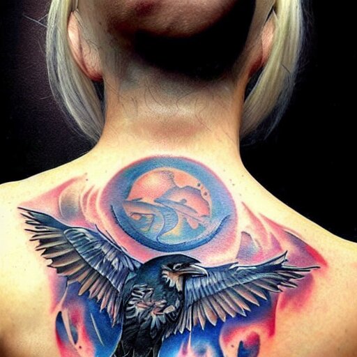 raven, jioness, forest, blue flame, moon, tattoo art by Bryan Alfaro, award winning tattoo concept, highly detailed,