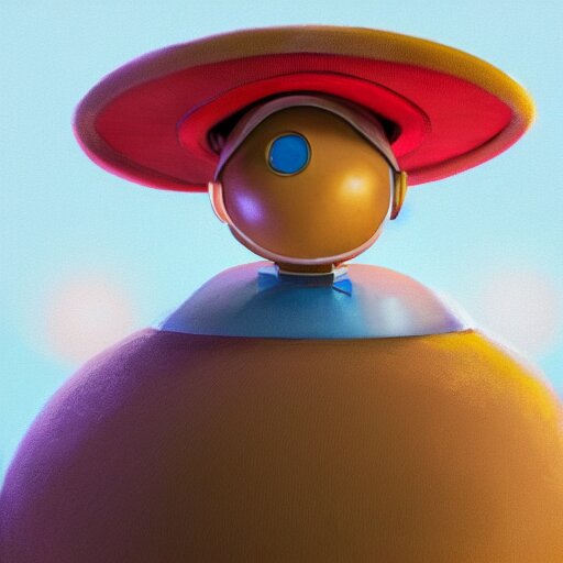 full body portrait of a round robot wearing beret, painting a canvas, big head, high detail, beautiful light, depth of field, sharp focus, clean design, 4 k, pixar, colorful, octane render 